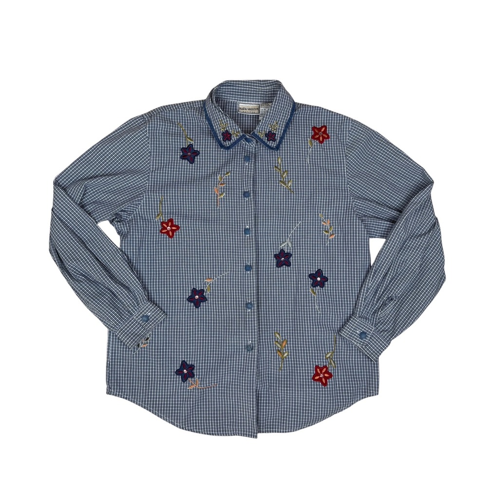 Napa Valley Medium Petite Shirt Gingham Floral Embroidery Cotton Blend Blue